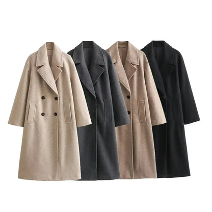 Women's oversized double-breasted wool coat with wide lapel design