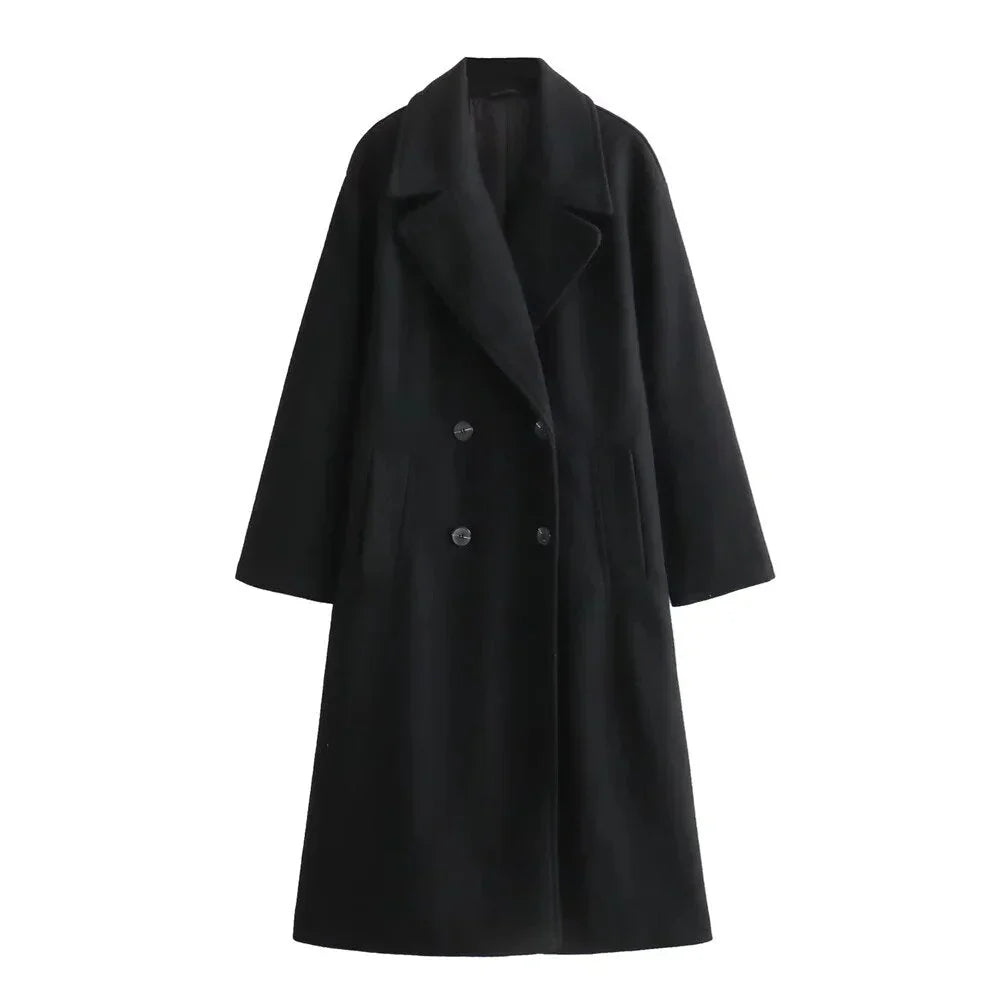 Women's oversized double-breasted wool coat with wide lapel design – Black