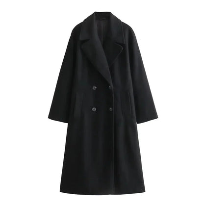 Women's oversized double-breasted wool coat with wide lapel design – Black