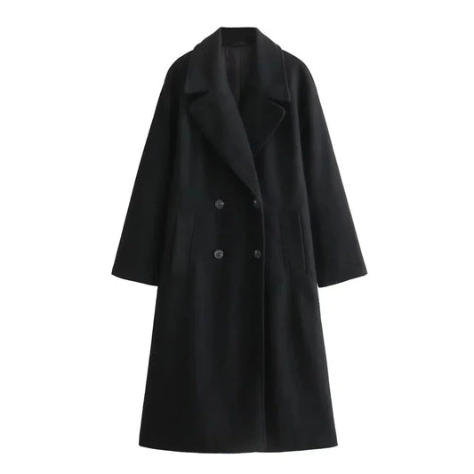 Women's oversized double-breasted wool coat with wide lapel design – Black