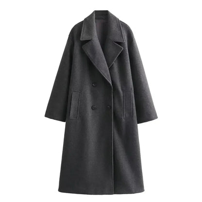Women's oversized double-breasted wool coat with wide lapel design – Grey