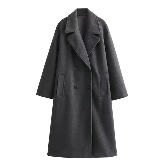 Women's oversized double-breasted wool coat with wide lapel design – Grey