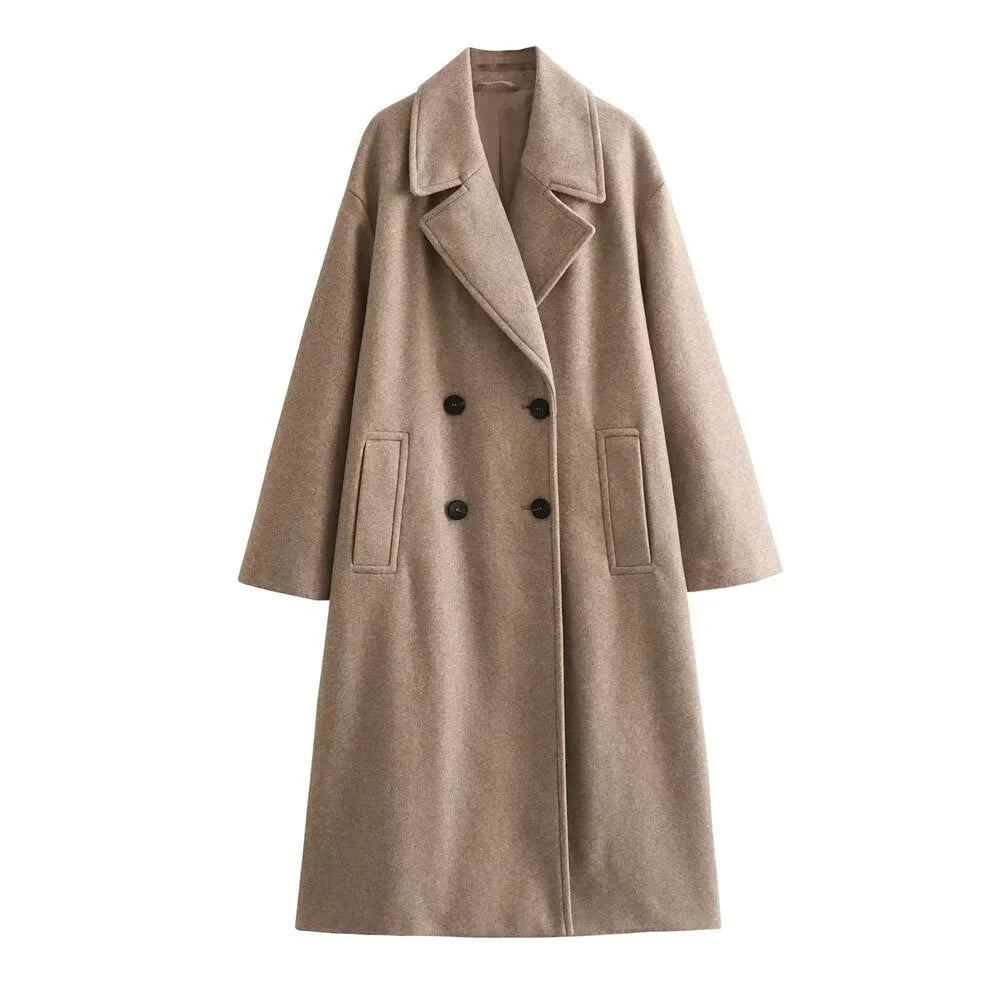 Women's oversized double-breasted wool coat with wide lapel design – Khaki