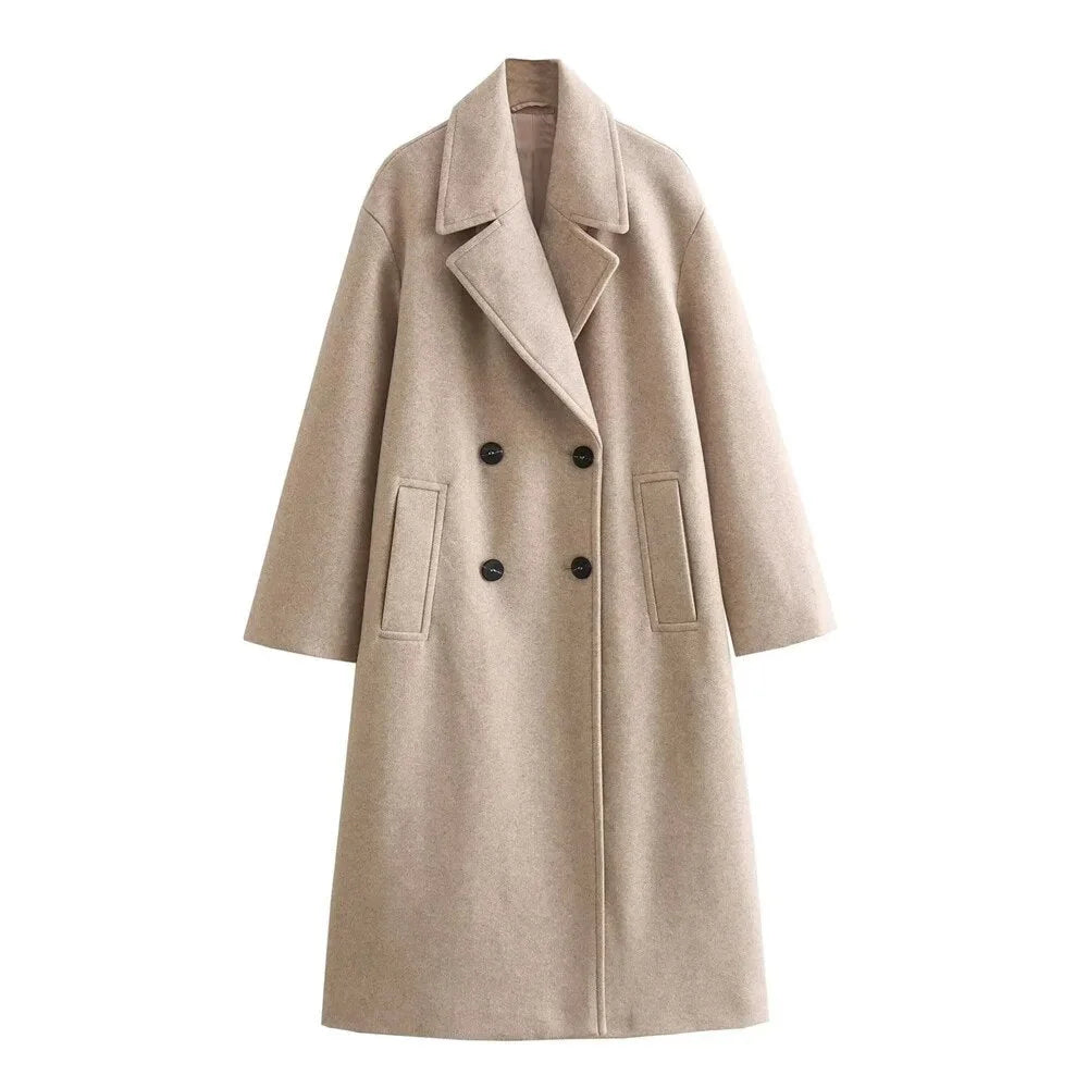Women's oversized double-breasted wool coat with wide lapel design – Light Khaki