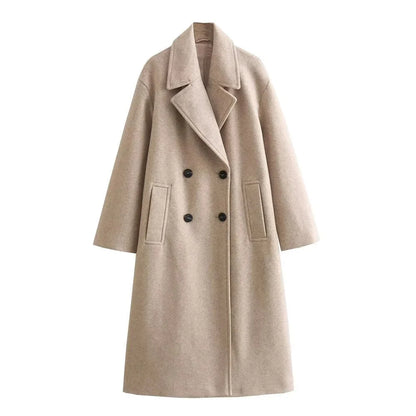 Women's oversized double-breasted wool coat with wide lapel design – Light Khaki