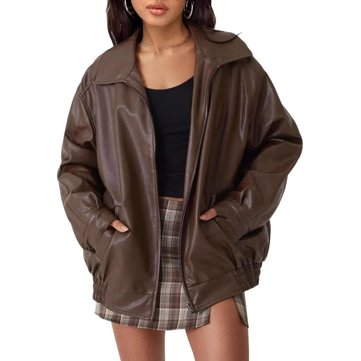 Women's oversized faux leather bomber jacket zip-up
