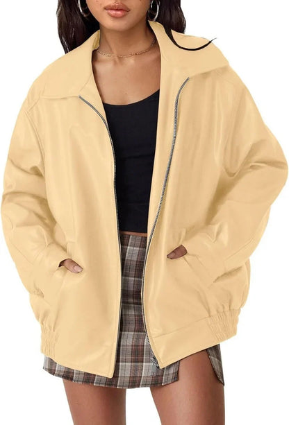 Women's oversized faux leather bomber jacket zip-up – Apricot