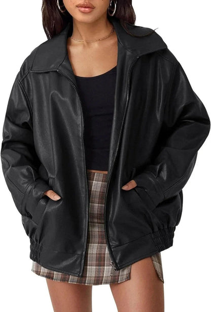 Women's oversized faux leather bomber jacket zip-up – Black