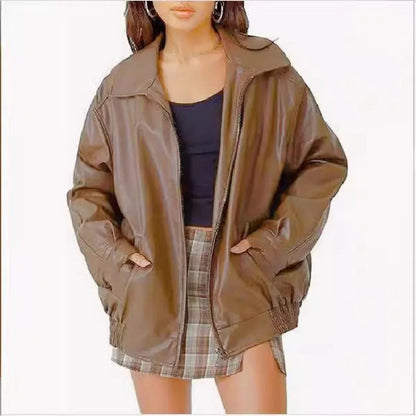 Women's oversized faux leather bomber jacket zip-up – Camel