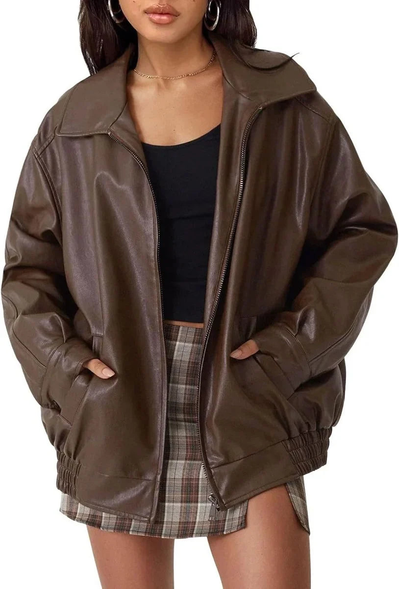 Women's oversized faux leather bomber jacket zip-up – Dark Brown