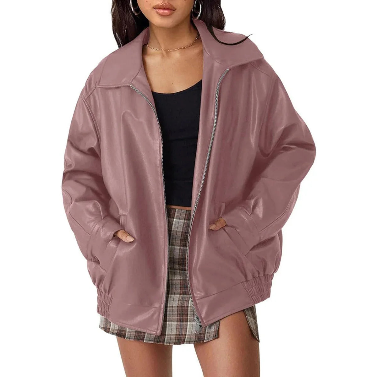 Women's oversized faux leather bomber jacket zip-up – Deep Rose