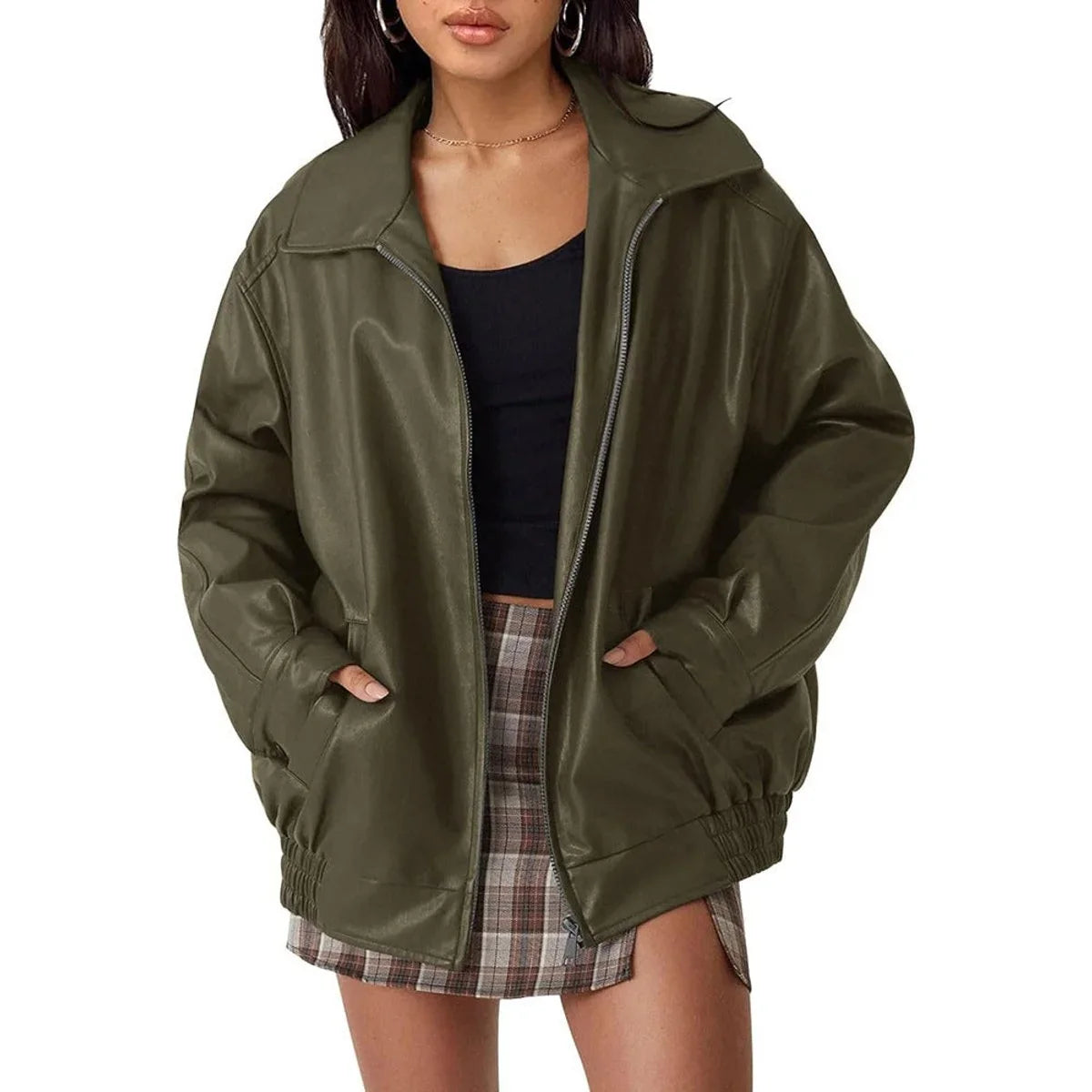 Women's oversized faux leather bomber jacket zip-up – Olive Green
