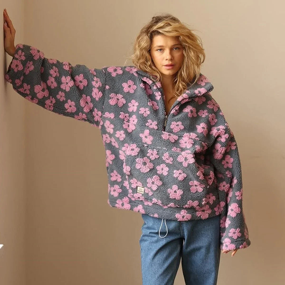 Women's oversized floral sherpa fleece half-zip pullover sweater