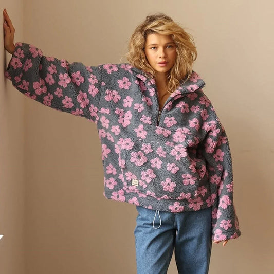 Women's oversized floral sherpa fleece half-zip pullover sweater