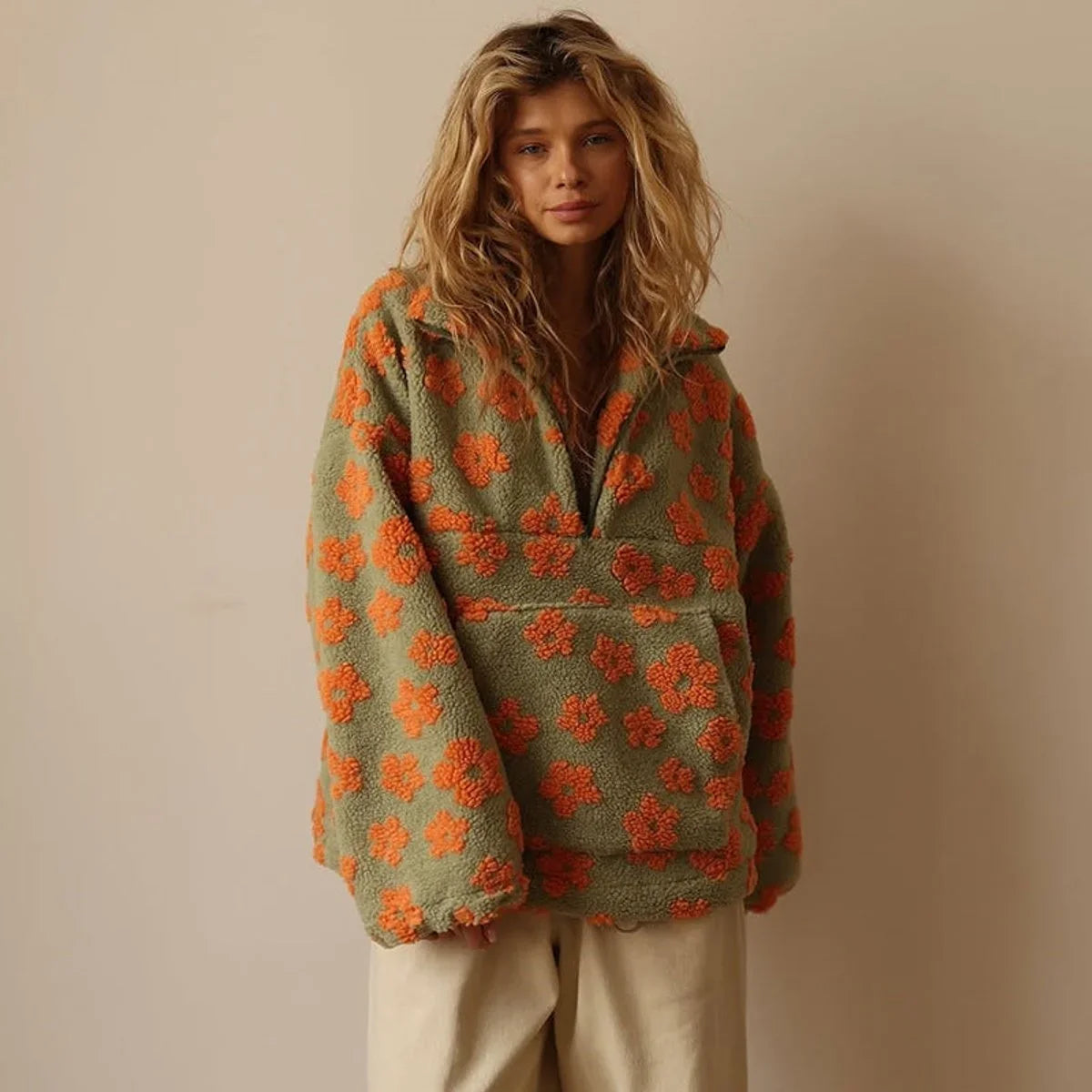 Women's oversized floral sherpa fleece half-zip pullover sweater