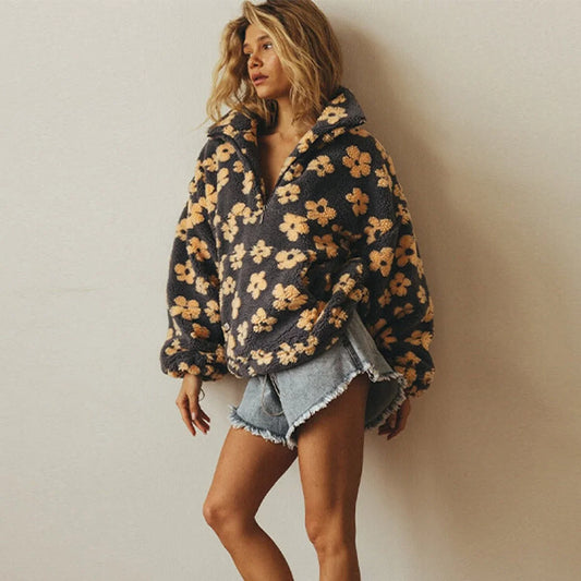 Women's oversized floral sherpa fleece half-zip pullover sweater