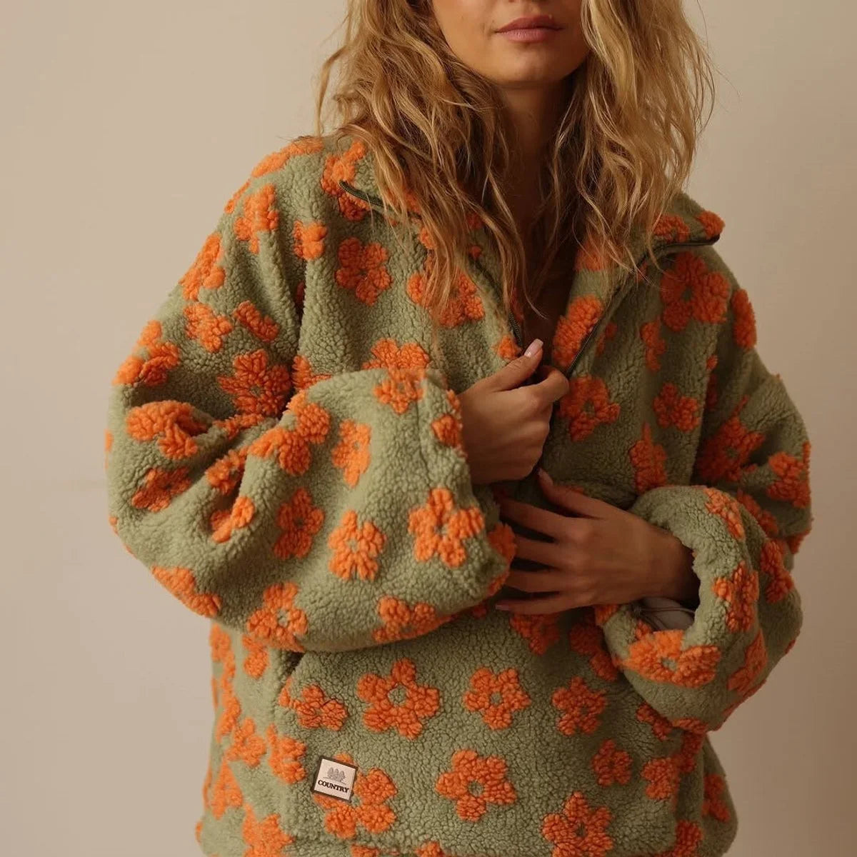 Women's oversized floral sherpa fleece half-zip pullover sweater – Orange