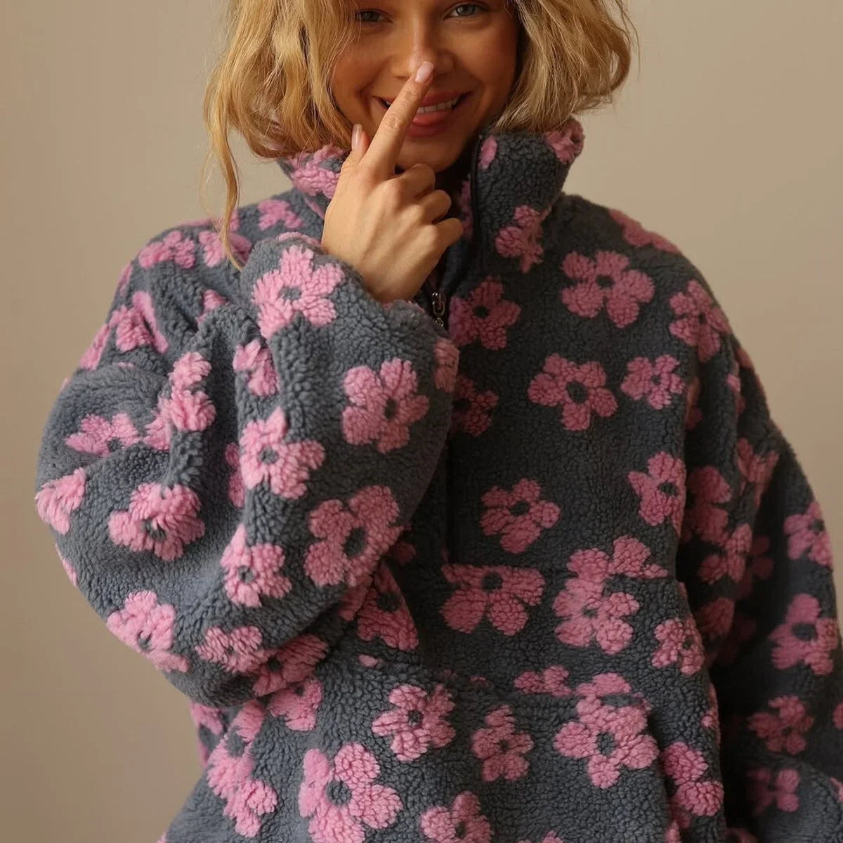 Women's oversized floral sherpa fleece half-zip pullover sweater – Pink