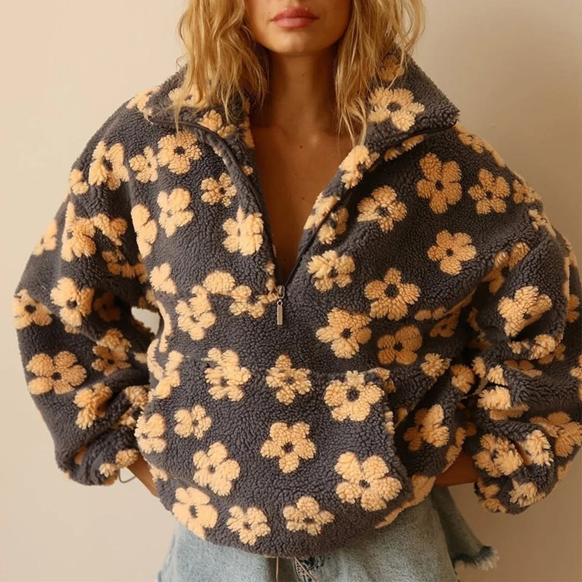 Women's oversized floral sherpa fleece half-zip pullover sweater – Yellow