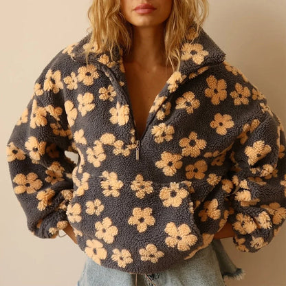 Women's oversized floral sherpa fleece half-zip pullover sweater – Yellow