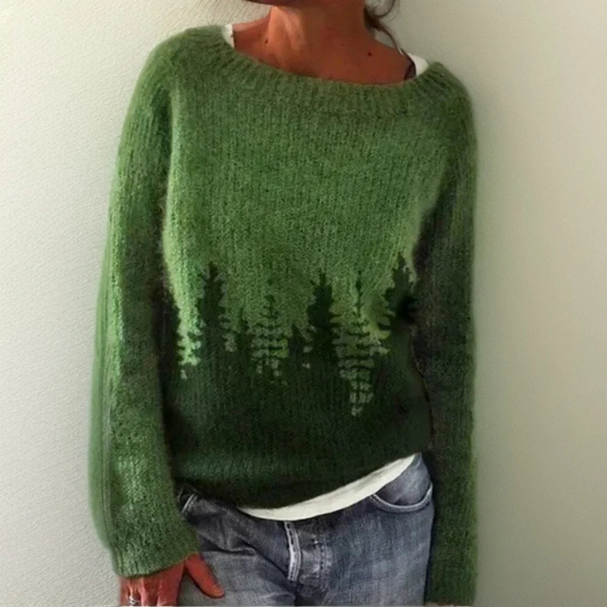Women's oversized forest print knit sweater crew neck – Green