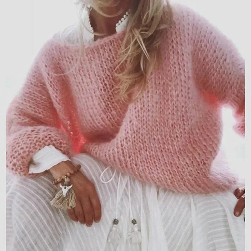 Women's oversized fuzzy knit sweater with boat neck long sleeves