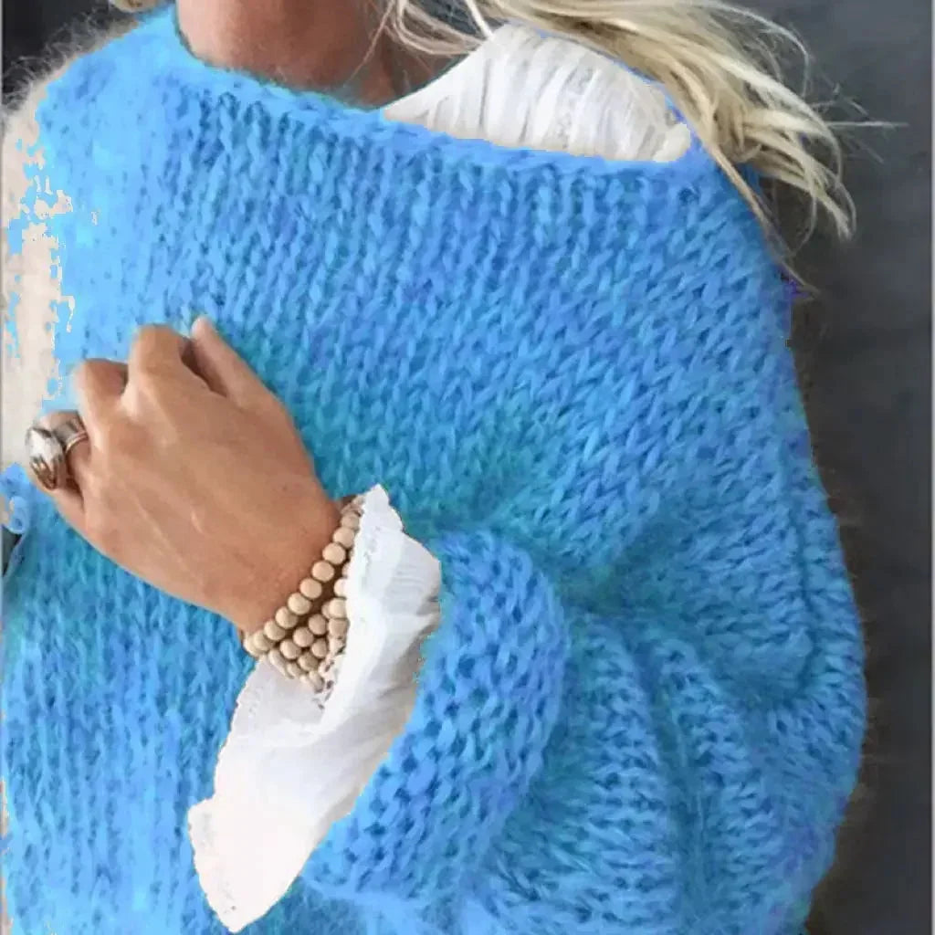 Women's oversized fuzzy knit sweater with boat neck long sleeves – Blue