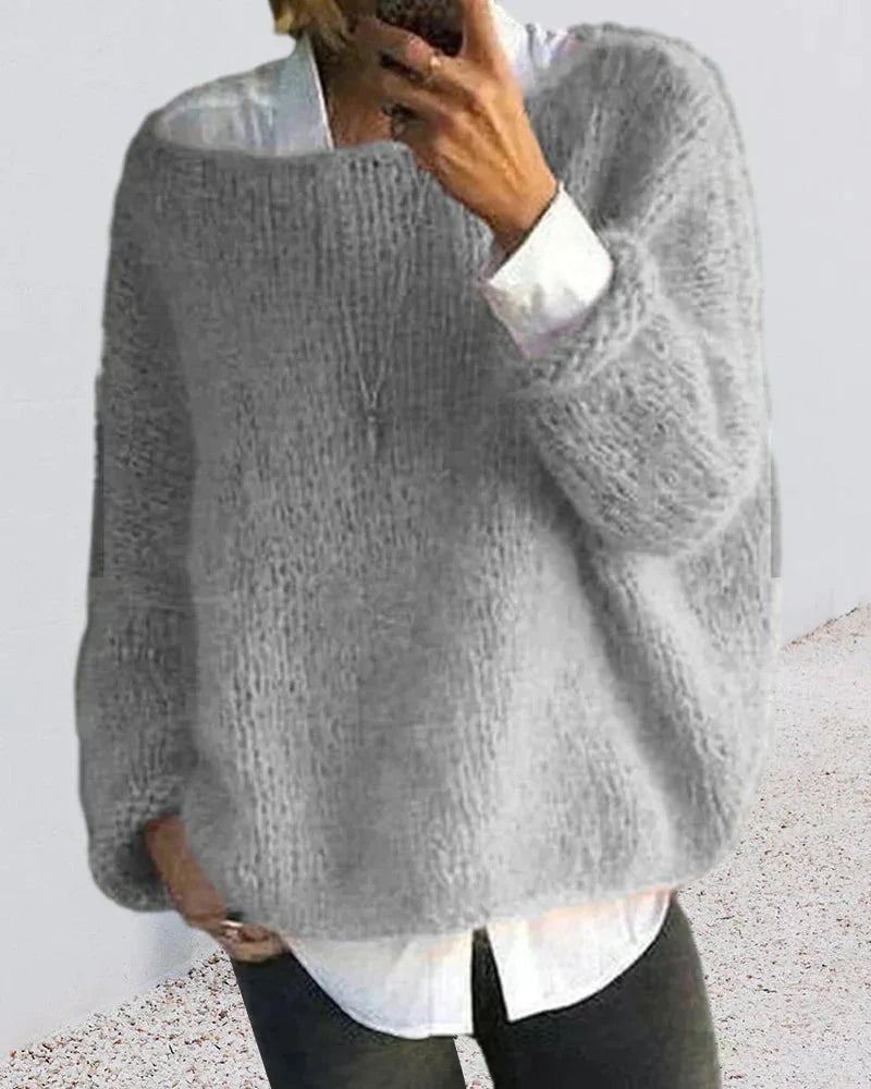 Women's oversized fuzzy knit sweater with boat neck long sleeves – Grey