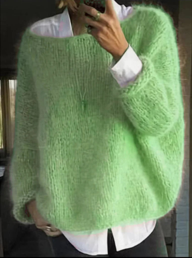 Women's oversized fuzzy knit sweater with boat neck long sleeves – Green