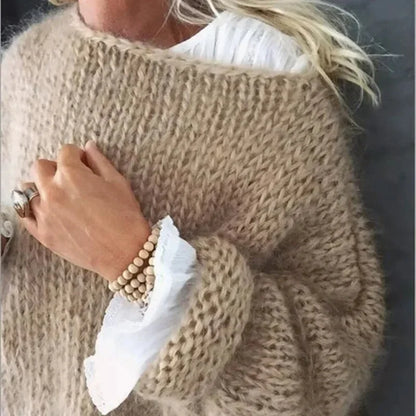 Women's oversized fuzzy knit sweater with boat neck long sleeves – Khaki