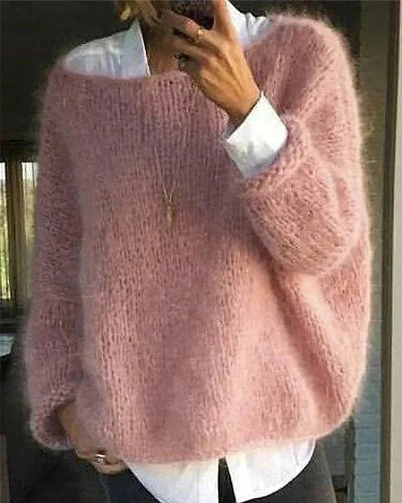 Women's oversized fuzzy knit sweater with boat neck long sleeves – Pink