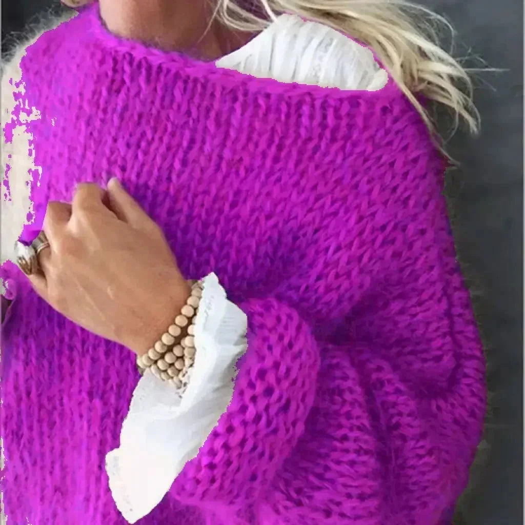 Women's oversized fuzzy knit sweater with boat neck long sleeves – Purple