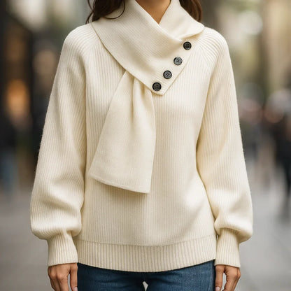 Women's oversized knit sweater with button-detail scarf-neck
