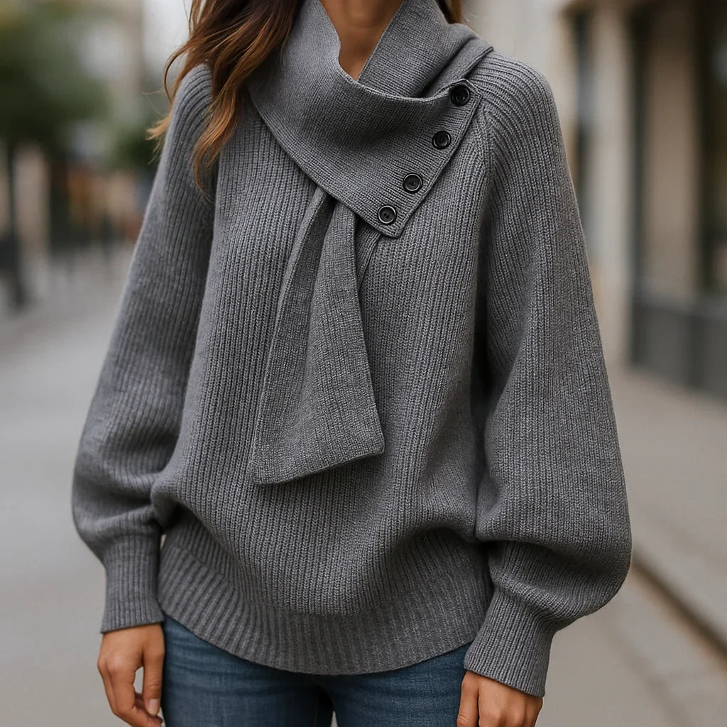 Women's oversized knit sweater with button-detail scarf-neck