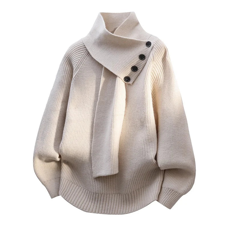 Women's oversized knit sweater with button-detail scarf-neck – Beige