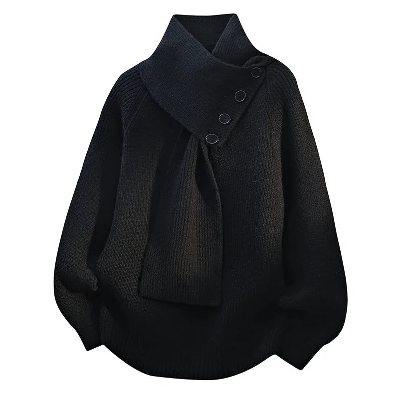Women's oversized knit sweater with button-detail scarf-neck – Black