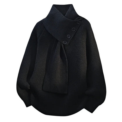 Women's oversized knit sweater with button-detail scarf-neck – Black
