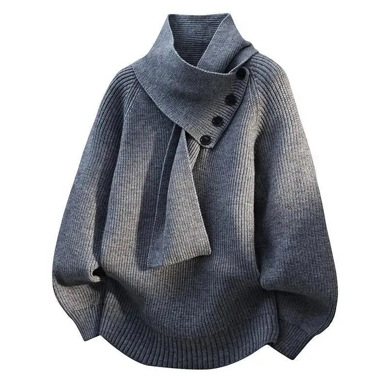 Women's oversized knit sweater with button-detail scarf-neck – Grey