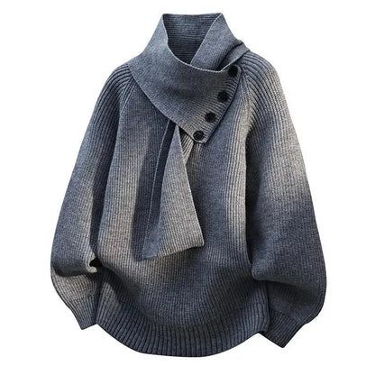Women's oversized knit sweater with button-detail scarf-neck – Grey