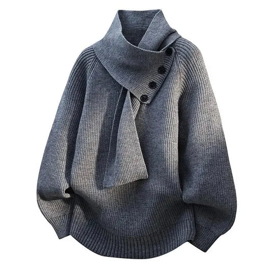 Women's oversized knit sweater with button-detail scarf-neck – Grey
