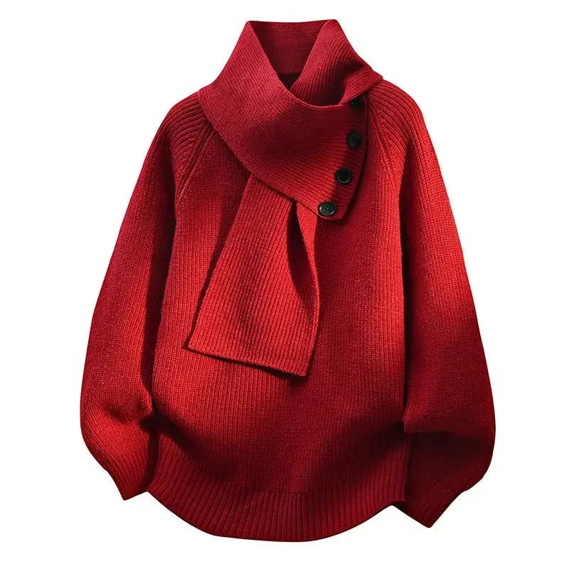 Women's oversized knit sweater with button-detail scarf-neck – Red