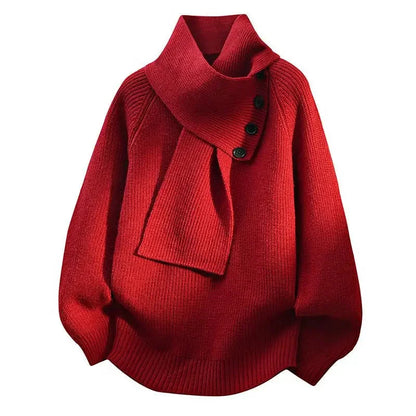 Women's oversized knit sweater with button-detail scarf-neck – Red