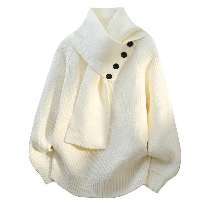 Women's oversized knit sweater with button-detail scarf-neck – White