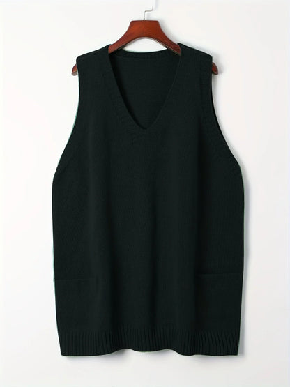 Women's oversized knit vest with V-neck sleeveless tunic length and patch pockets