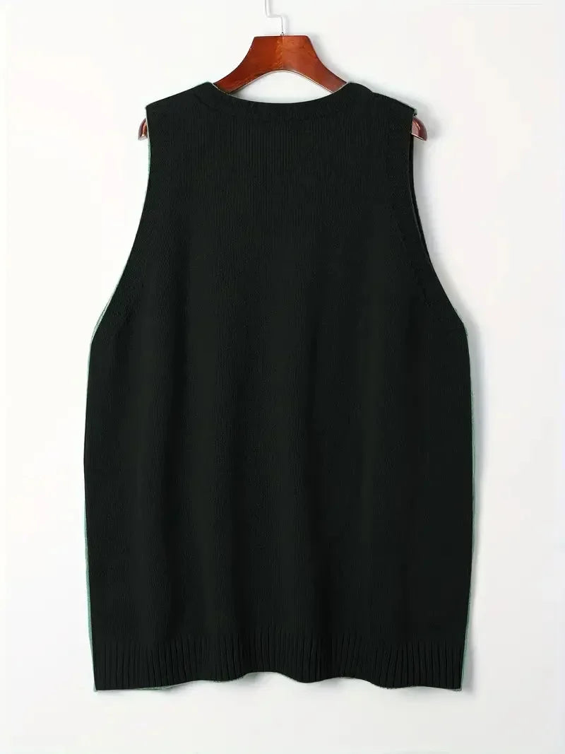 Women's oversized knit vest with V-neck sleeveless tunic length and patch pockets