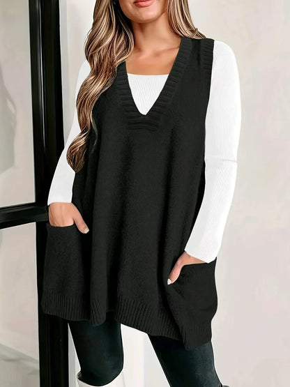 Women's oversized knit vest with V-neck sleeveless tunic length and patch pockets – Black