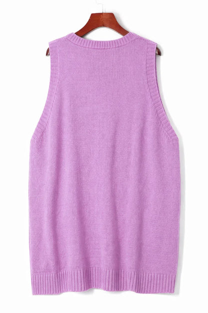 Women's oversized knit vest with V-neck sleeveless tunic length and patch pockets