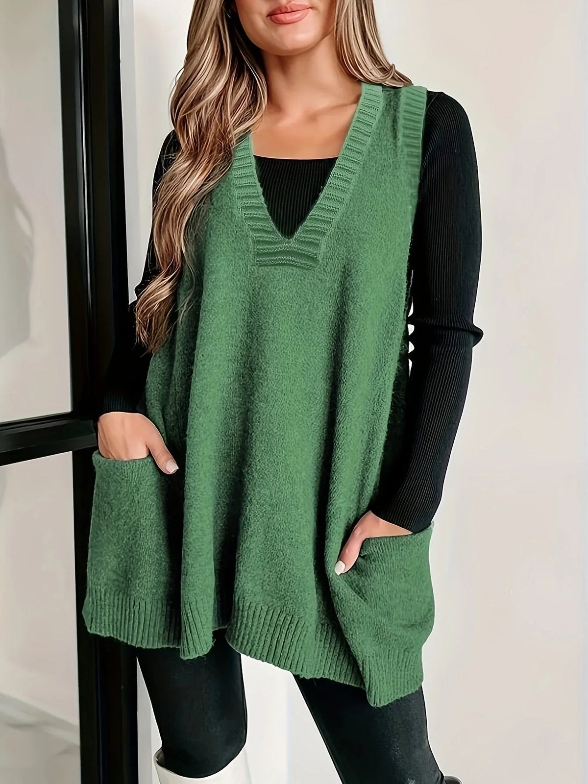 Women's oversized knit vest with V-neck sleeveless tunic length and patch pockets – Green