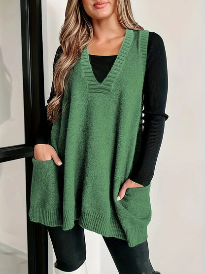 Women's oversized knit vest with V-neck sleeveless tunic length and patch pockets – Green