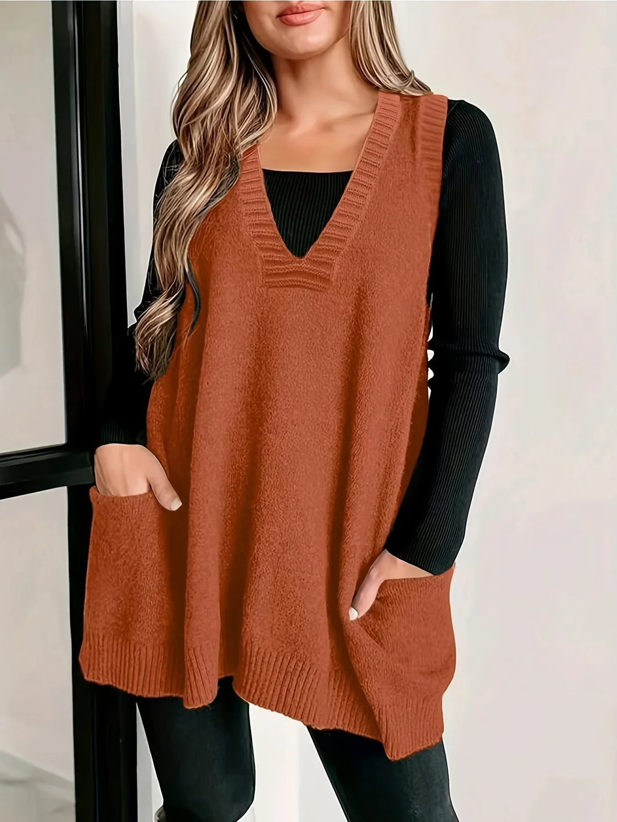 Women's oversized knit vest with V-neck sleeveless tunic length and patch pockets – Orange